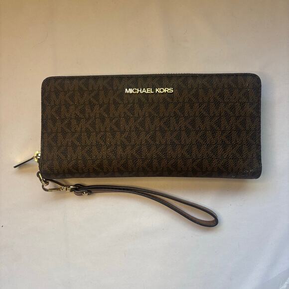 MICHAEL KORS Zip Around Long Wallet Wristlet Brown Jet Set Travel Signature - Picture 1 of 11